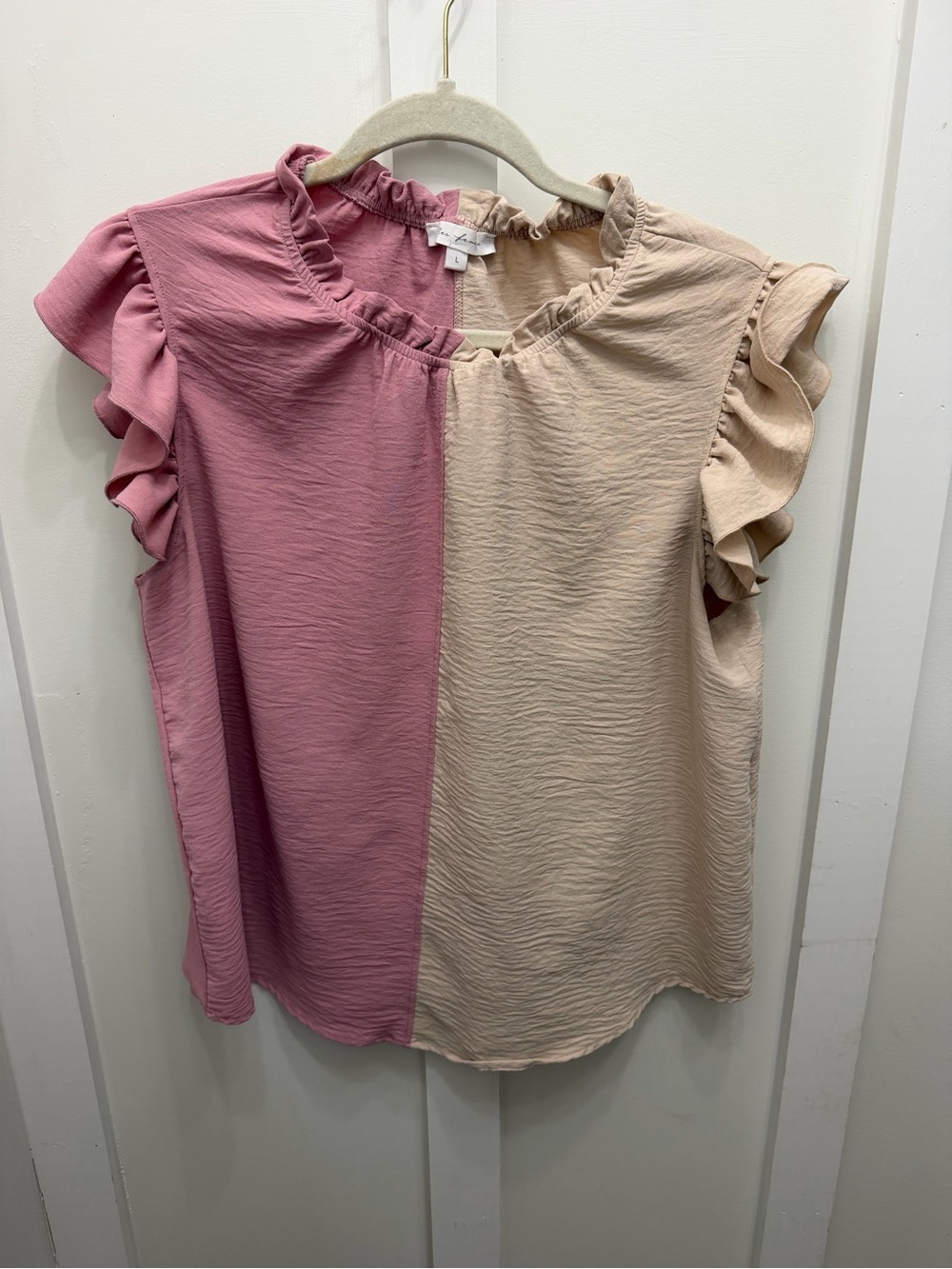 Ces Femme Two-Tone Ruffle Sleeve Blouse - Rose Pink & Cream